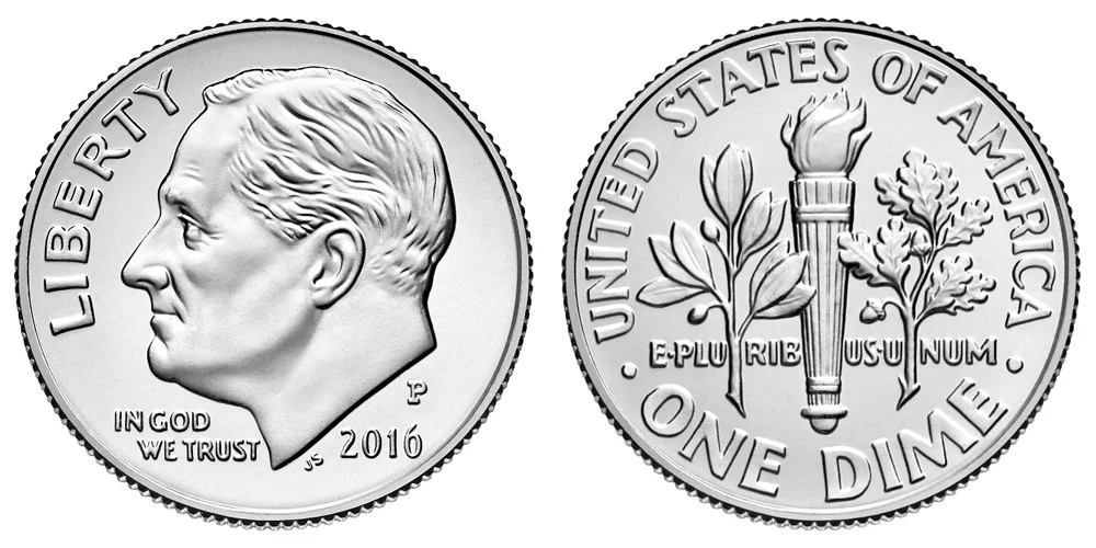 2016-P Roosevelt dime obverse and reverse showing full coin detail