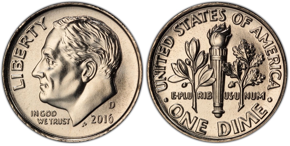 2016 Roosevelt dime grading strip showing worn, circulated, uncirculated, and gem MS-68 Full Bands condition