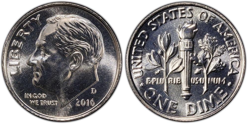 Side-by-side comparison of 2016 Roosevelt dime standard torch bands vs Full Bands designation