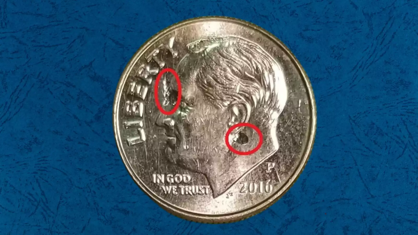 2016-D Roosevelt dime retained strike-through error showing embedded foreign object