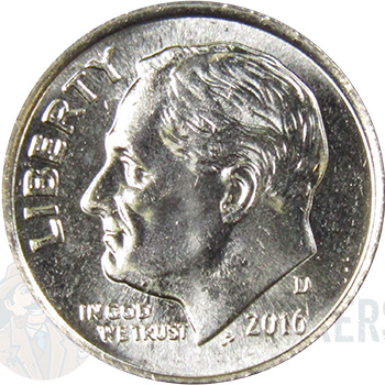 2016-P Roosevelt dime rim cud error showing raised metal blob along coin edge
