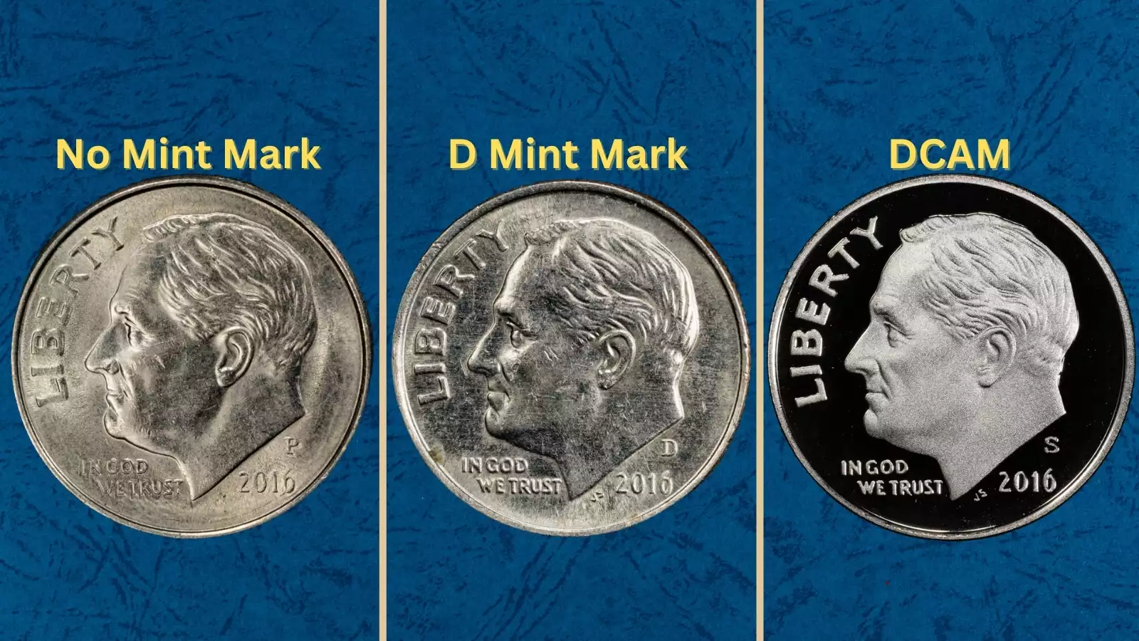 Group of 2016 Roosevelt dimes from all mints including Philadelphia, Denver, San Francisco proof, and West Point gold